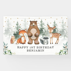 Botanical Greenery Woodland Animals 1st Birthday Banner