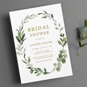 Botanical Greenery Wreath Gold Bridal Shower Invitation