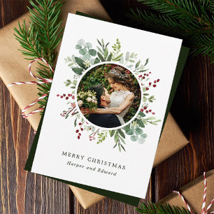 Botanical Greenery Wreath Merry Christmas Photo Holiday Card