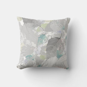 Botanical ,grey, leaves ,white and grey, turquoise cushion