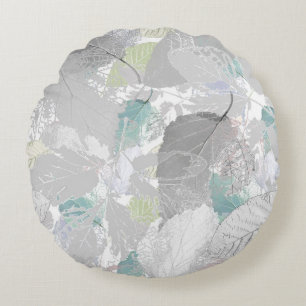Botanical ,grey, leaves ,white and grey, turquoise round cushion