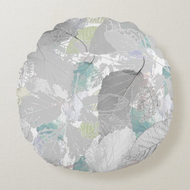 Botanical ,grey, leaves ,white and grey, turquoise round cushion (Front)