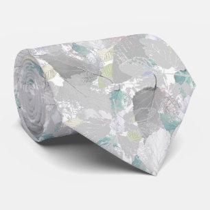 Botanical ,grey, leaves ,white and grey, turquoise tie