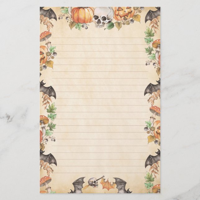 Botanical Halloween with Bats and Pumpkins Lined Stationery (Front)