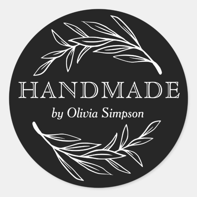 Botanical Handmade Black Small Business Custom Classic Round Sticker (Front)