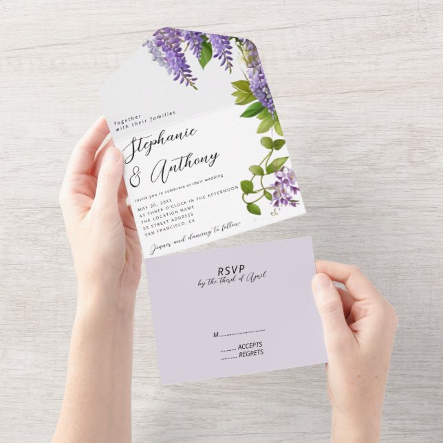 Botanical Hanging Purple Wisteria Wedding  All In One Invitation (Tearaway)