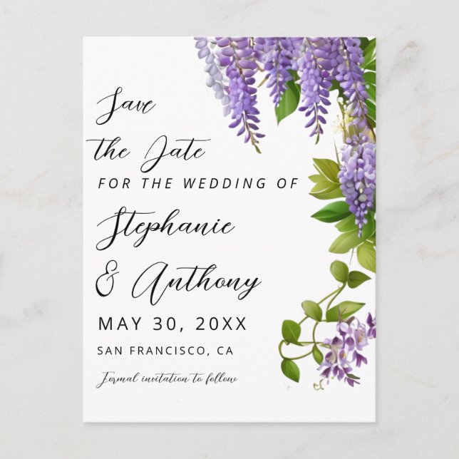 Botanical Hanging Purple Wisteria Wedding  Announcement Postcard (Front)