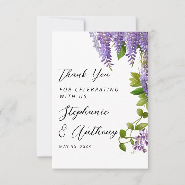 Botanical Hanging Purple Wisteria Wedding  Thank You Card (Front)