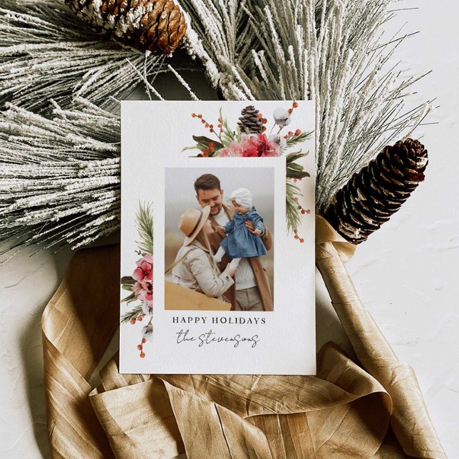Botanical Happy Holidays Photo Personalised Holida Holiday Card (Creator Uploaded)