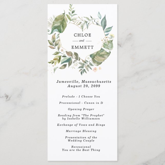 Botanical  Heart Wreath Wedding Ceremony Programme (Front)