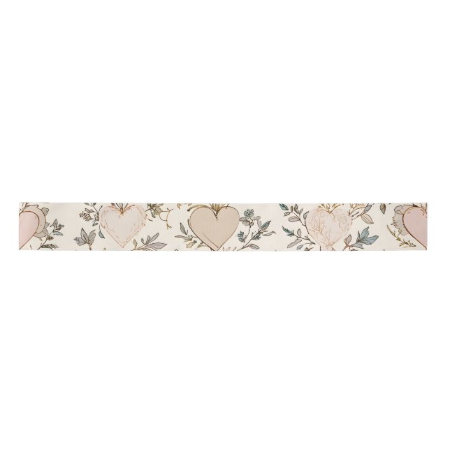 Botanical Hearts Romantic Floral Valentine Pattern Satin Ribbon (Front)
