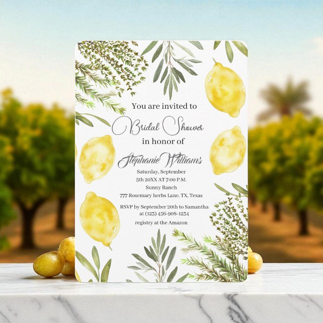 Botanical Herbs Lemons Watercolor Bridal Shower  Invitation (Creator Uploaded)