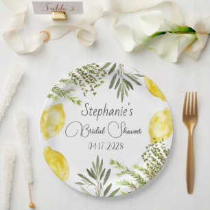 Botanical Herbs Lemons Watercolor Bridal Shower Paper Plate