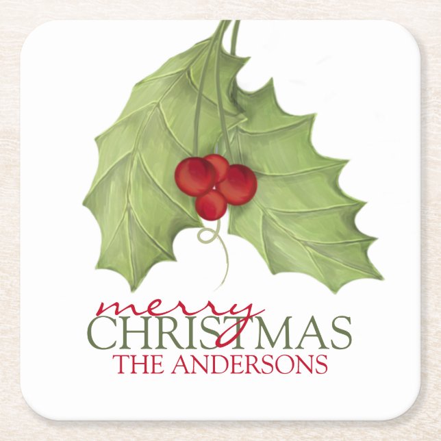 Botanical Holiday Elegant Merry Christmas Name Square Paper Coaster (Front)