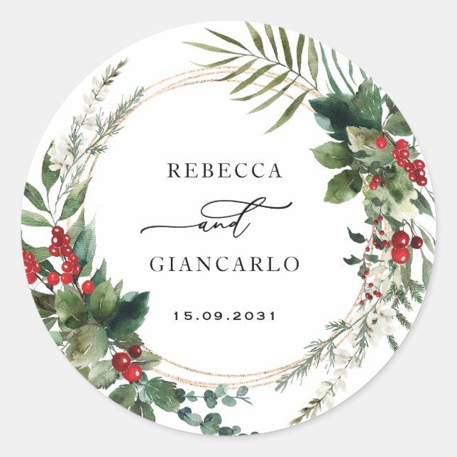 Botanical Holiday Greenery Red Berries Wedding Classic Round Sticker (Front)