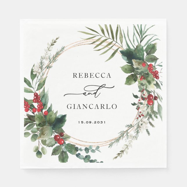 Botanical Holiday Greenery Red Berries Wedding Napkin (Front)