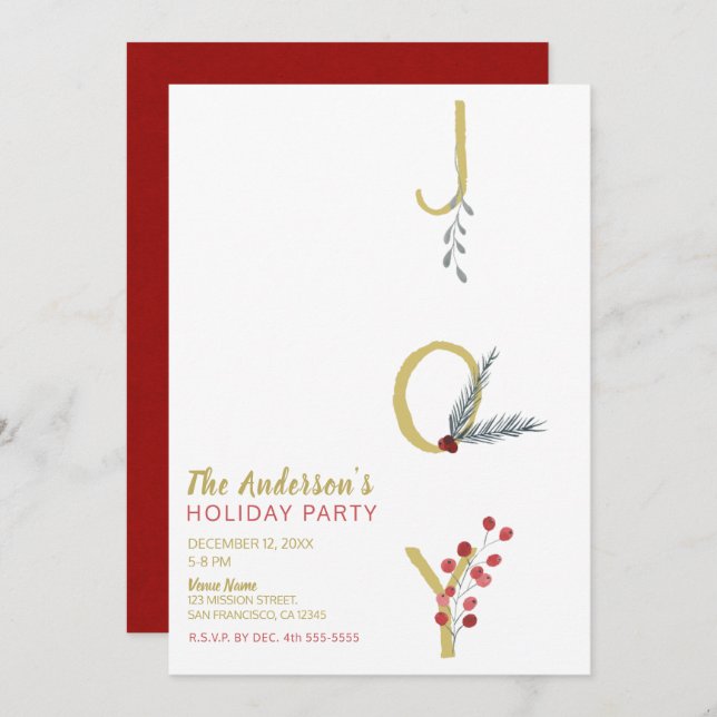 Botanical Holiday Joy Rustic Gold Minimal Party Invitation (Front/Back)