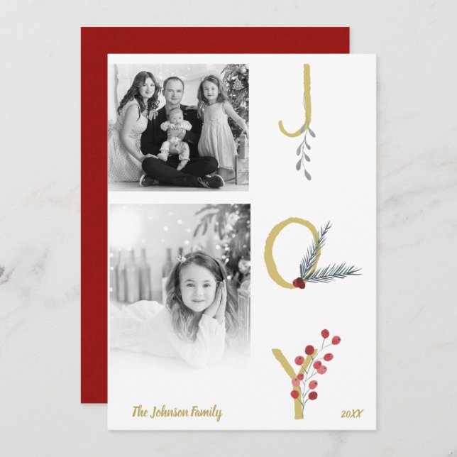 Botanical Holiday Joy Rustic Gold Minimal Photo Invitation (Front/Back)