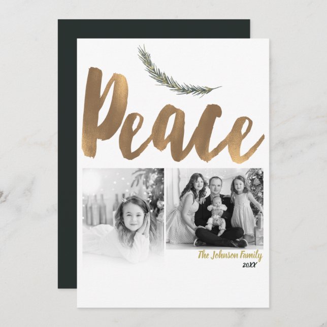 Botanical Holiday Peace Branch Pine Gold Photo Invitation (Front/Back)