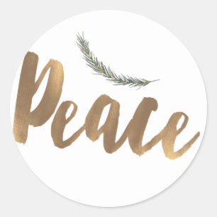 Botanical Holiday Peace Branch Pine Rustic Gold Classic Round Sticker