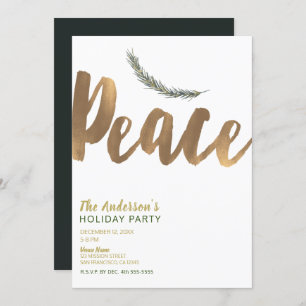 Botanical Holiday Peace Branch Pine Rustic Gold Invitation