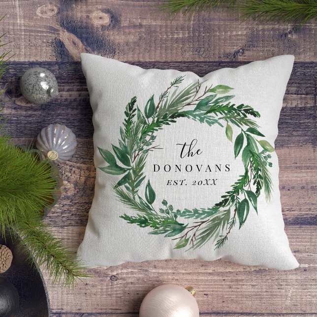 Botanical Holiday Pine Wreath with Family Name Cushion (Creator Uploaded)