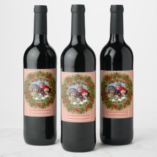 Botanical Holly Berries Foliage Wreath On Pink Wine Label
