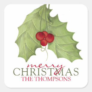 Botanical Holly Berries Painted Greenery 1 Photo Square Sticker