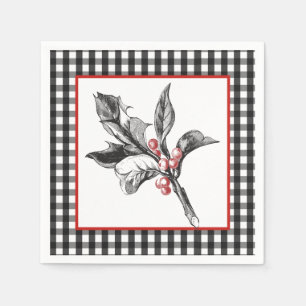 Botanical Holly Black and White Christmas Paper Napkin