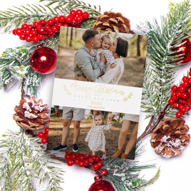 Botanical Holly Themed Christmas Photo Script Foil Holiday Card (Creator Uploaded)