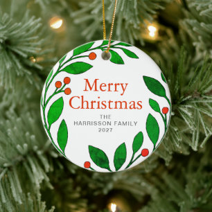 Botanical Holly Wreath Christmas Family 1 Photo Ceramic Tree Decoration