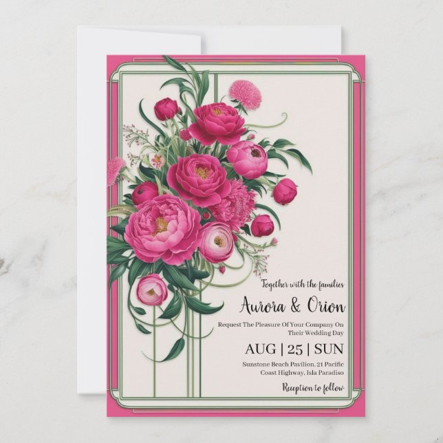 botanical hot pink floral wedding invitations (Front)