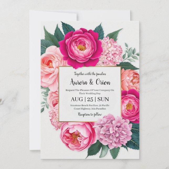botanical hot pink floral wedding invitations (Front)