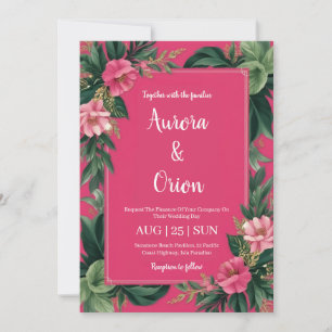 botanical hot pink floral wedding invitations