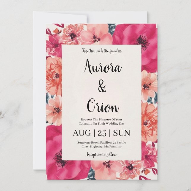 botanical hot pink floral wedding invitations (Front)