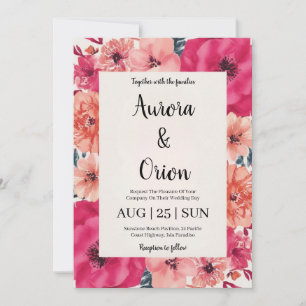 botanical hot pink floral wedding invitations