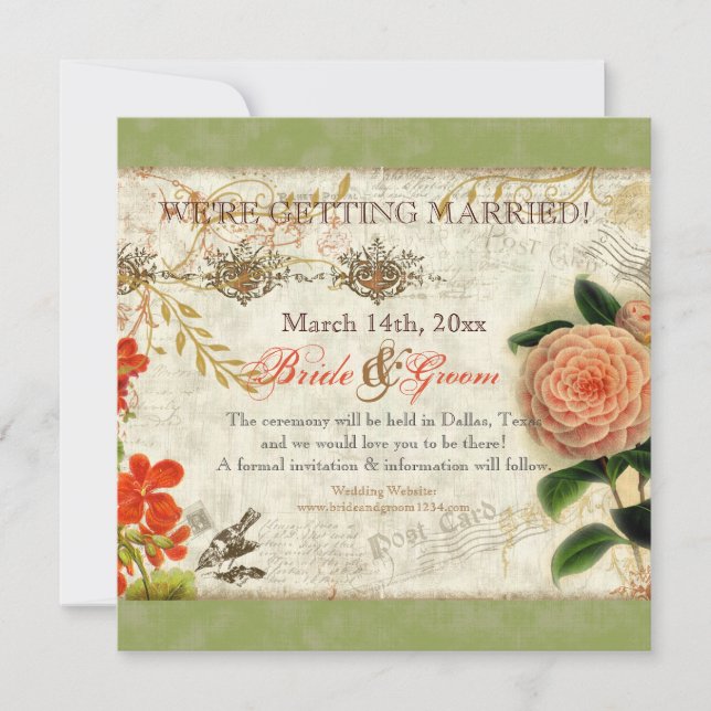 Botanical Hummingbirds Camellia Save the Date Invitation (Front)