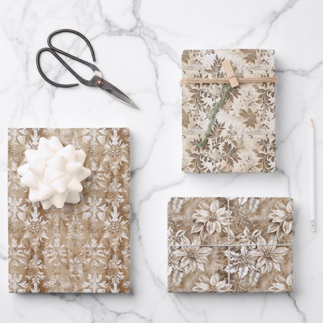 Botanical Illustrations and Beige and White Damask Wrapping Paper Sheet (Front)