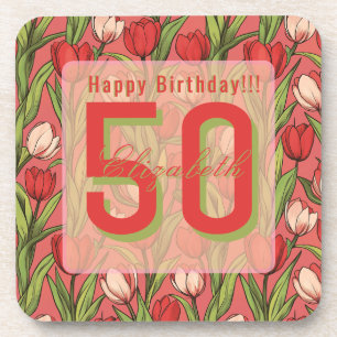 Botanical Inspired Tulip Flower Custom Birthday Coaster