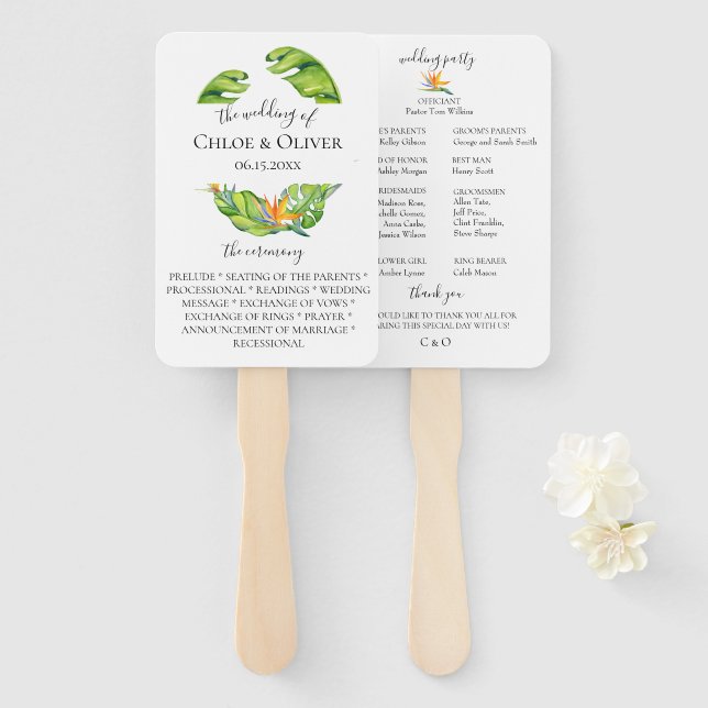 Botanical Island Foliage Wedding Program Hand Fan (Front and Back)