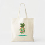 Botanical Island Pineapple Tote Bag<br><div class="desc">Pretty watercolor flowers and foliage pineapple shape with blue ocean ripple accent,  personalised tote bag.</div>