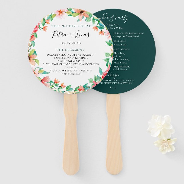 Botanical Island Wreath Wedding Program Hand Fans (Front and Back)