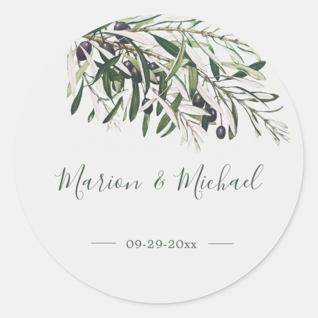  Botanical Italian Green Olive Branch Wedding Clas Classic Round Sticker (Front)