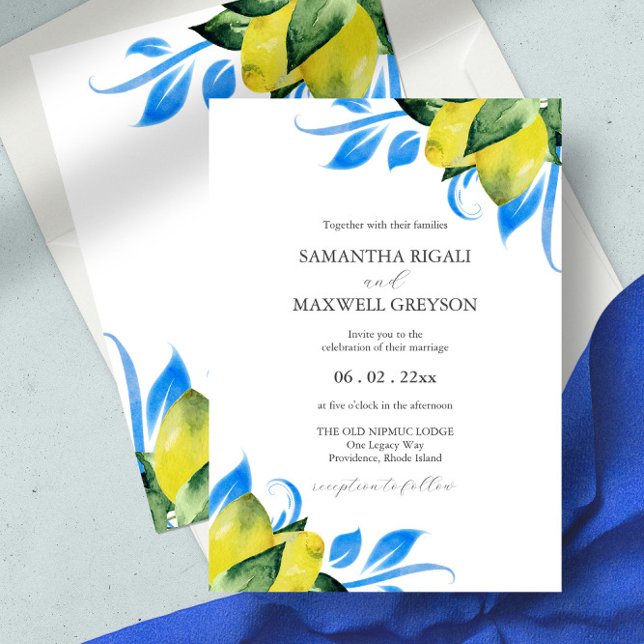 Botanical Italian Wedding Lemons Watercolor Invitation (wedding invitation Italian theme lemons yellow and blue watercolor)