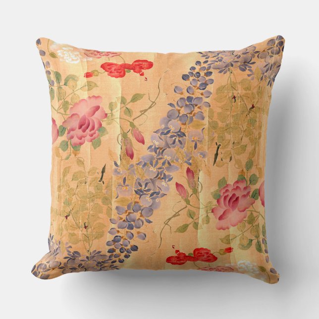 Botanical Japan Wisteria Rose Flower Floral Pillow (Front)