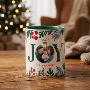 Botanical Joy Family Photo Christmas Two-Tone Coffee Mug