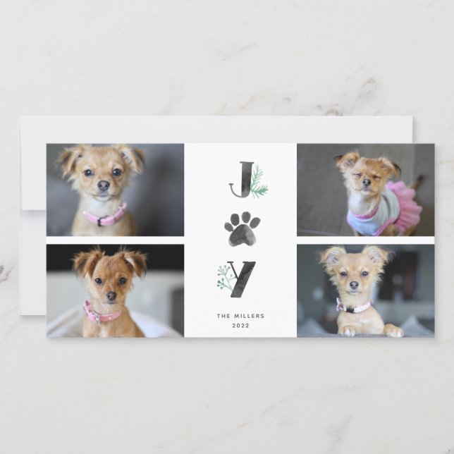 Botanical Joy Paw Print | Pet 4 Photo Collage Holiday Card (Front)