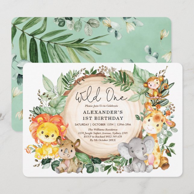 Botanical Jungle Animals Wild One 1st Birthday Invitation (Front/Back)