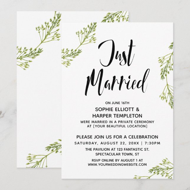 Botanical Just Married Typography Post Wedding Invitation (Front/Back)