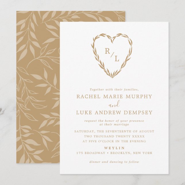Botanical Laurel Heart Wreath Wedding Monogram  Invitation (Front/Back)